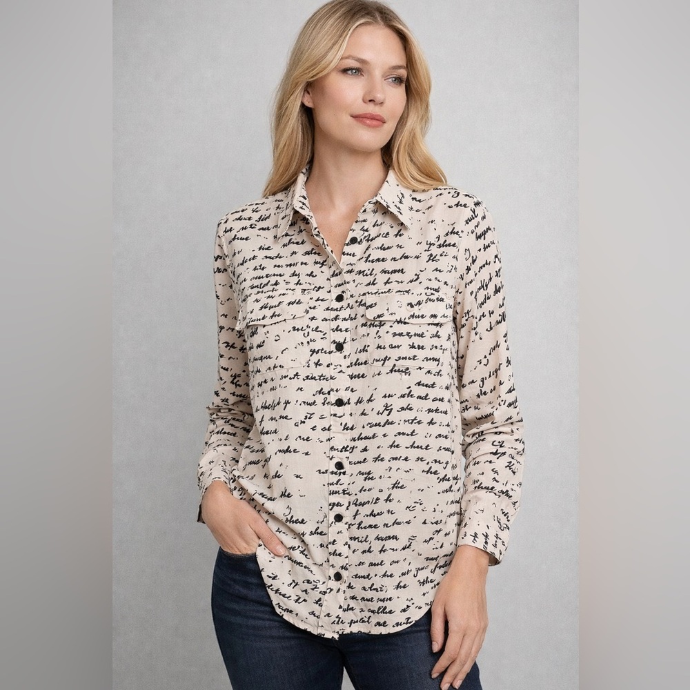 Neiman Marcus Script Print Blouse Cream Black Button Front Literary w/Quotes M